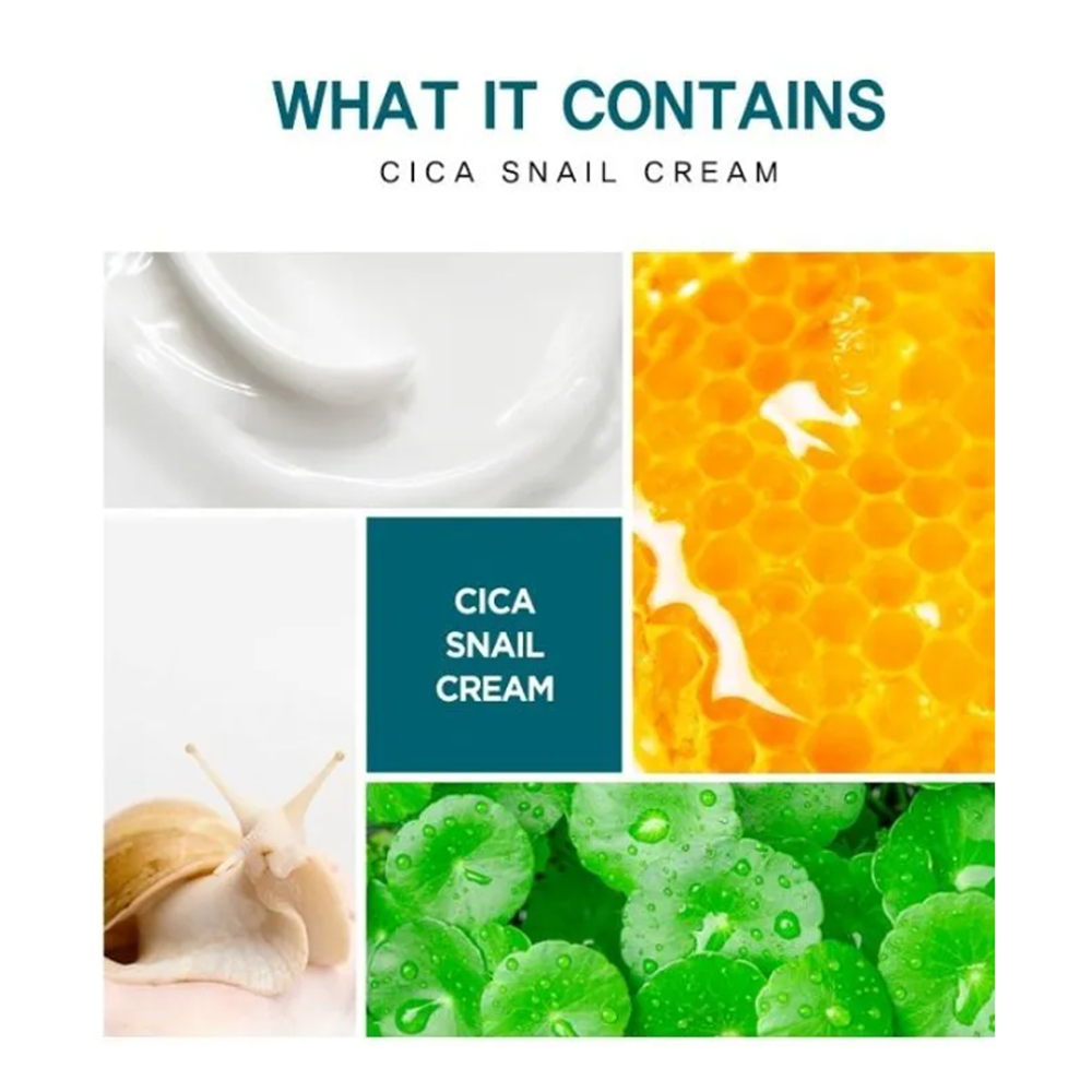 The cream features a blend of Cica and snail mucin to soothe, repair, and hydrate the skin.