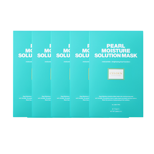 CELGEN Pearl Moisture Solution Mask 25g 5ea- packaging featuring five individual masks for hydrating and nourishing the skin.
