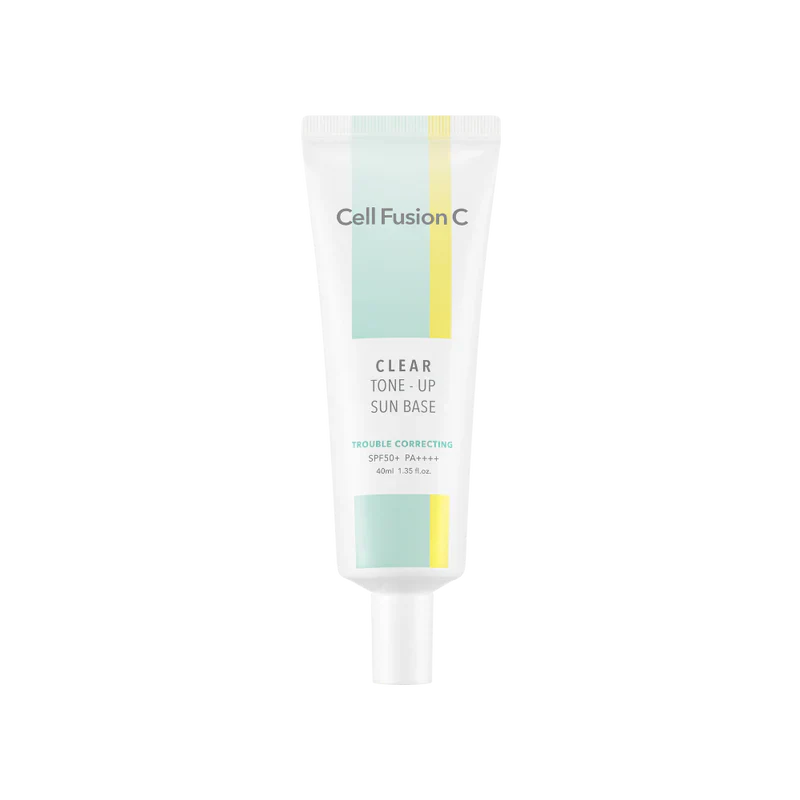 Four shades of Cell Fusion C Tone-up Sun Base SPF50+ PA++++, 40ml, providing high sun protection and a brightening effect.