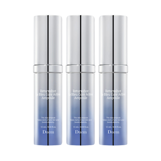 DUEM Returnshot Le Bleu Core Active Ampoule, 15ml, pack of 3, designed for revitalizing and enhancing skin vitality.