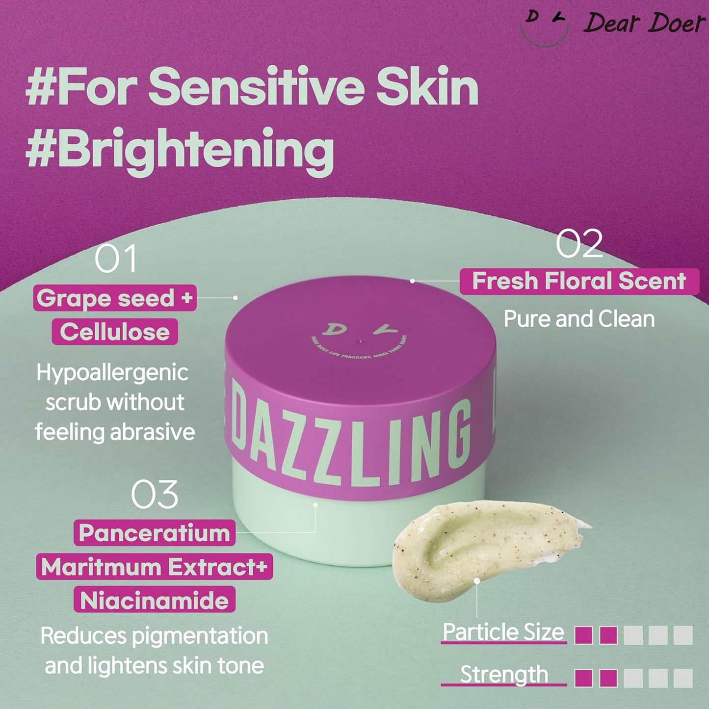 Dear Doer Body Scrub 300ml: black and gold packaging, exfoliating beads for smooth skin. Luxurious skincare essential.