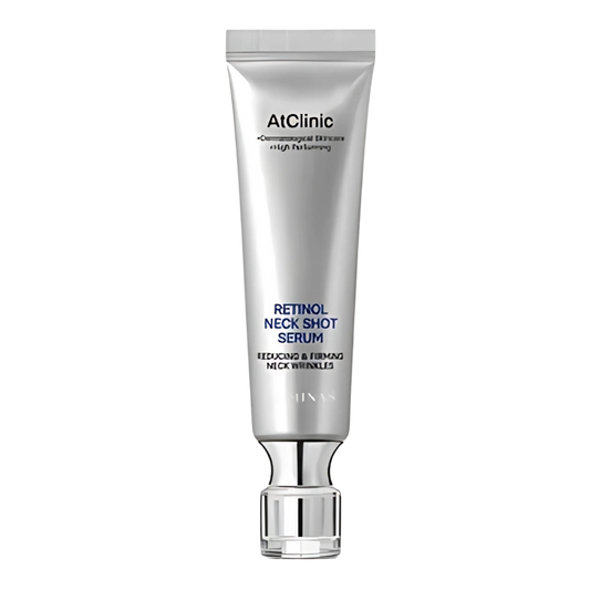 A 30ml bottle of Dominas AtClinic Retinol 1600 Neck Shot Serum, designed to target the neck area with powerful retinol for skin rejuvenation.