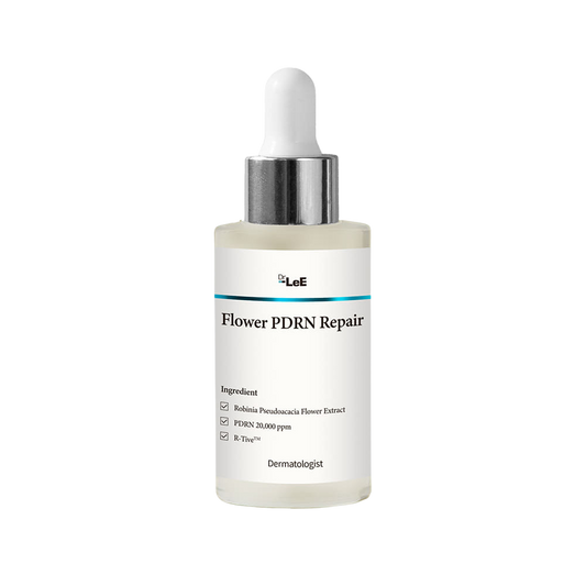 A bottle of Dr. LeE Flower PDRN Repair Barrier Ampoule, labeled as 'flower pfinn repair serum'.