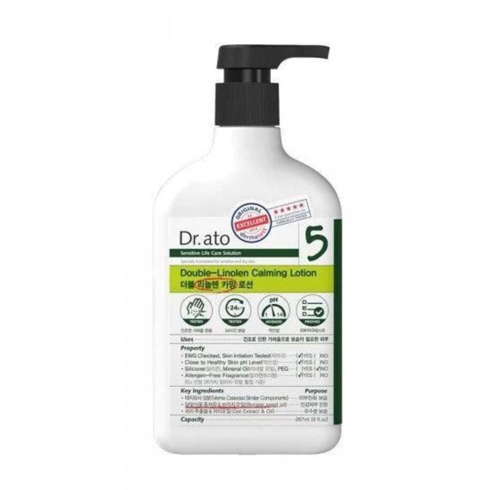 The Dr.ato Double-Linolen Calming Lotion 267ml is a soothing and hydrating lotion designed to calm and nourish sensitive skin.
