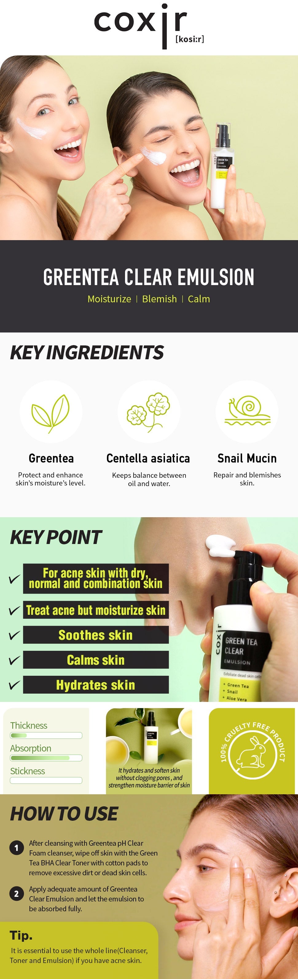 (NEWK) COXIR Green Tea Clear Emulsion 100ml - KLO