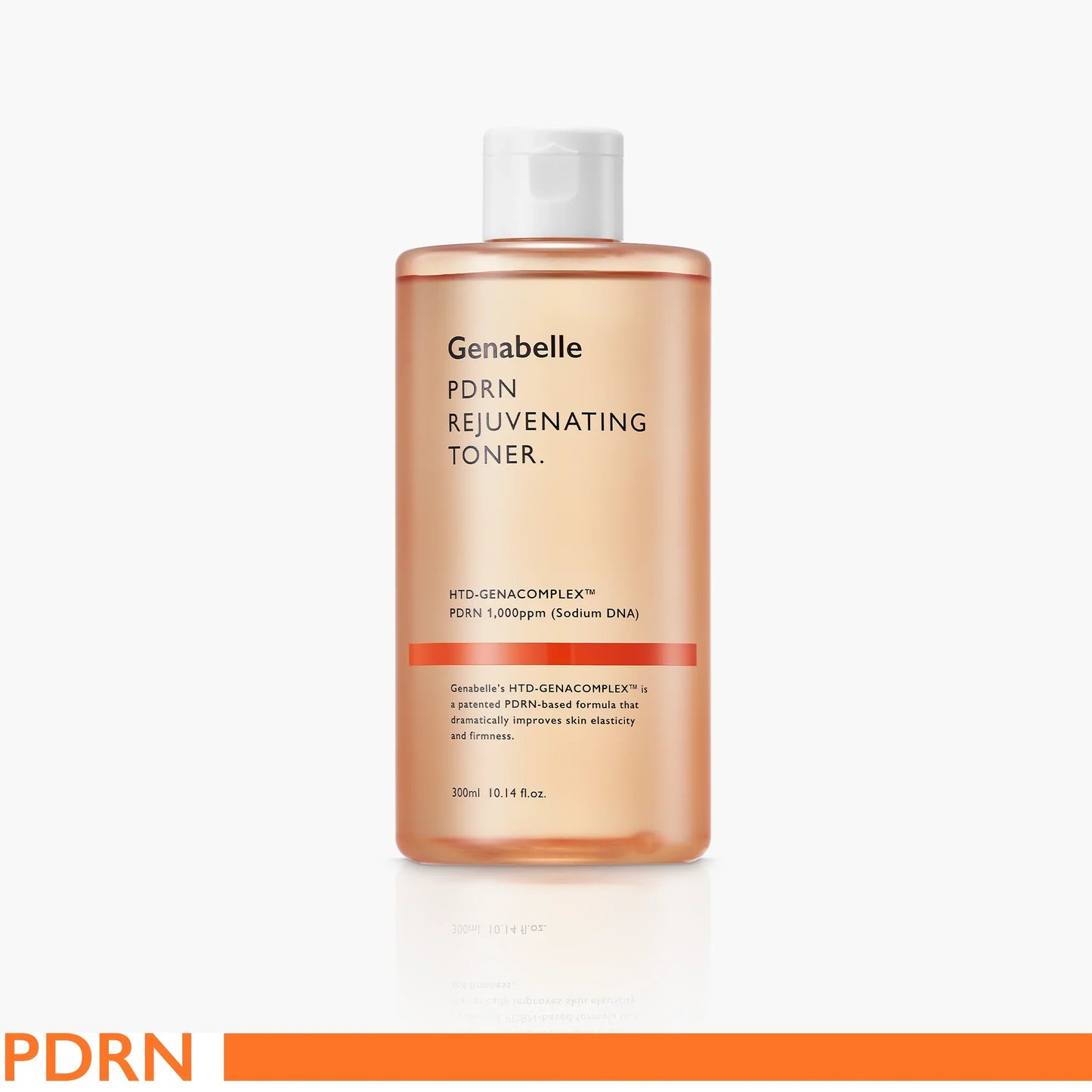 Genabelle PDRN Rejuvenating Toner 300ml: pink label, silver cap, skincare product.