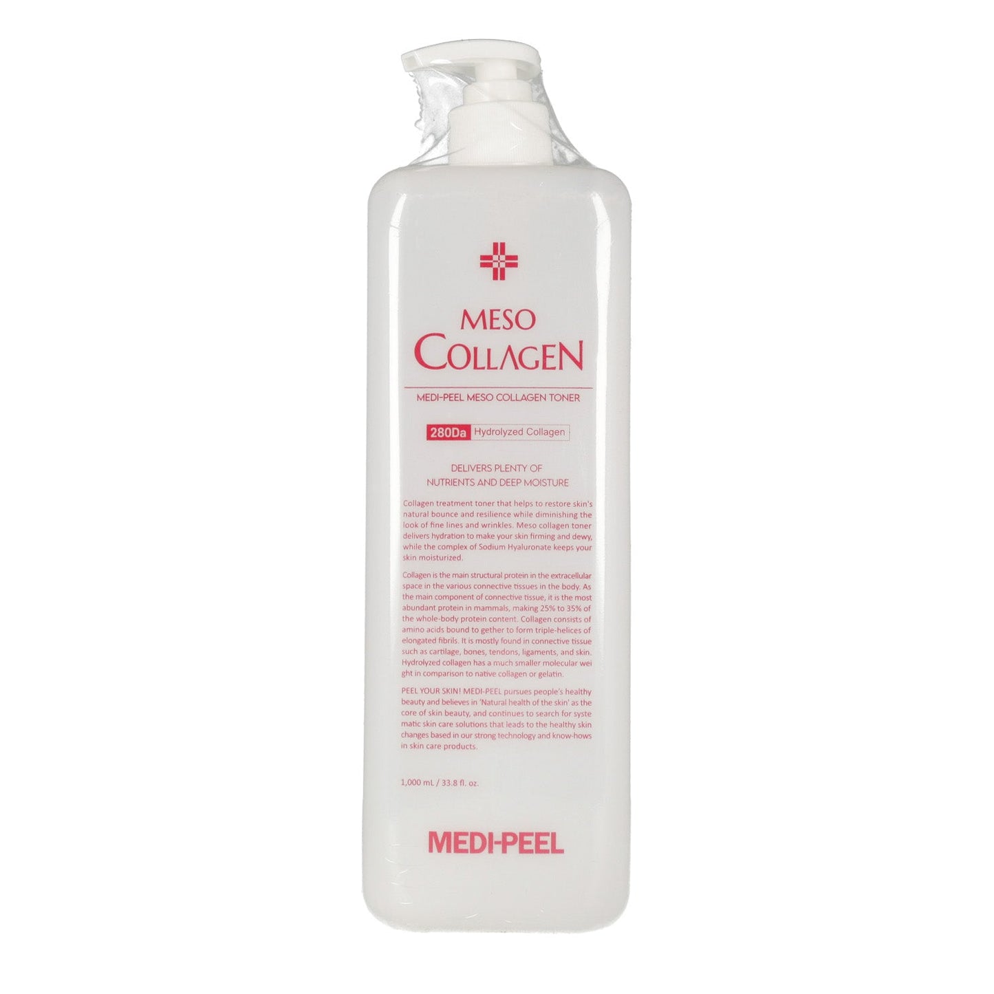 MEDI-PEEL Meso Collagen Toner 1000ml Product Description: MEDI-PEEL Meso Collagen Toner is a large-volume toner enriched with collagen, designed to hydrate and firm the skin while preparing it for subsequent skincare steps.