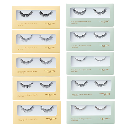 A collection of 10 types of PICCASSO Eyeme Fale Eyelashes, each in a 1g package, showcasing diverse styles for enhanced beauty.
