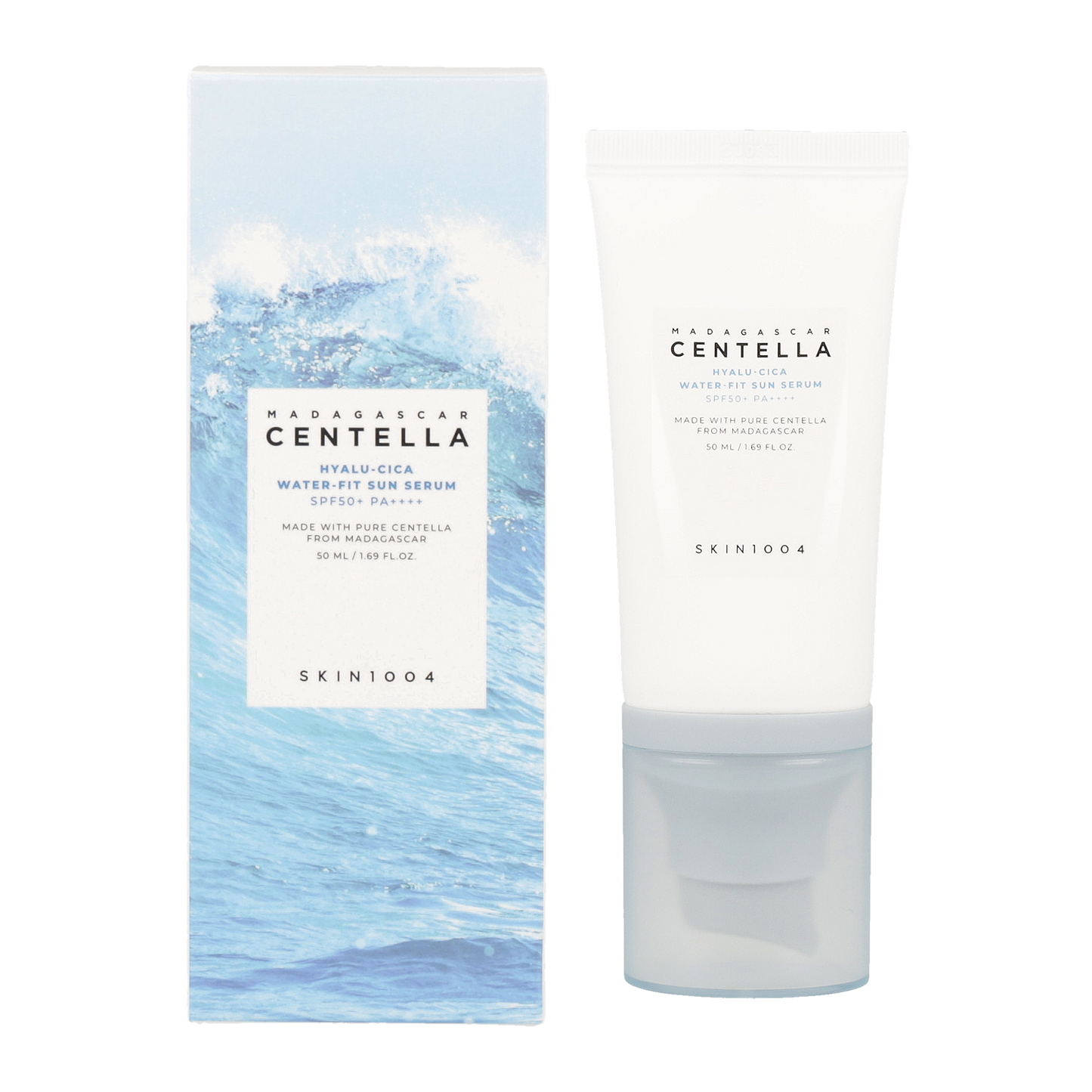 SKIN1004 Madagascar Centella Hyalu-Cica Water-FIT Sun Serum 50ml SPF50+ PA++++: A hydrating sun serum with SPF50+ and PA++++ protection.