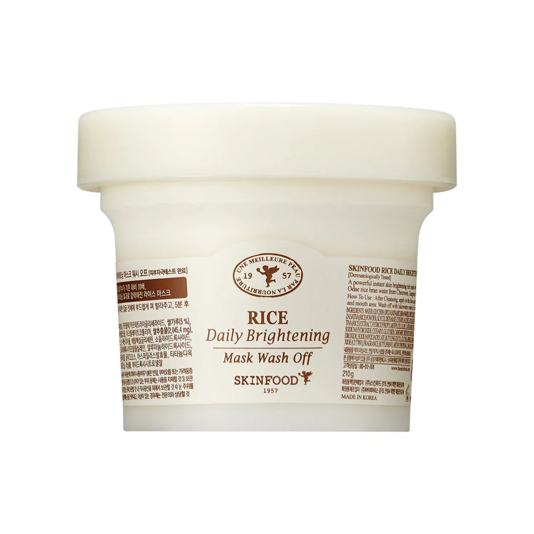 The SKINFOOD Rice Daily Brightening Mask Wash Off 210g is a nourishing and exfoliating mask designed to brighten the complexion and leave the skin feeling smooth and refreshed.