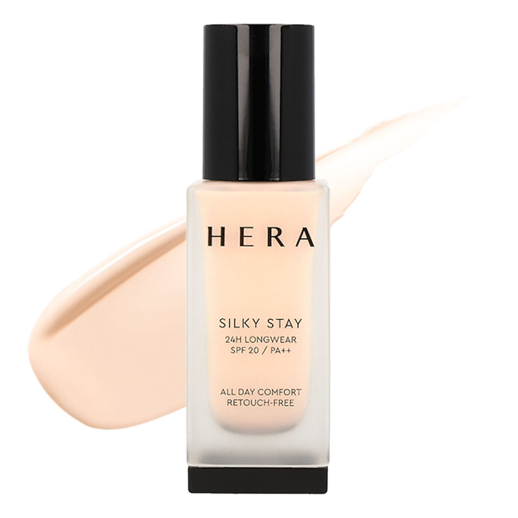 HERA Silky Stay 24H Longwear SPF20 PA++ 30g: A 30g container of HERA Silky Stay foundation with SPF20 PA++ for extended wear.