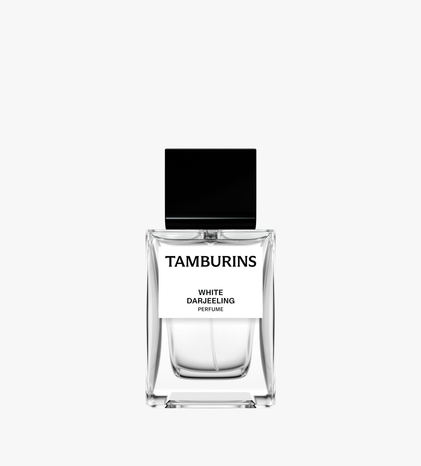 White TAMBURINS Perfume bottle containing Darjeeling fragrance, in 11ml or 50ml options.