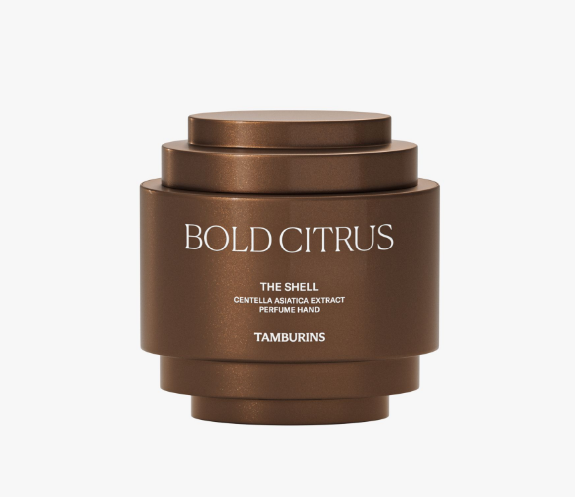 Tamburins Shell Perfume Hand Cream, 3 types, in a brown container with bold citrus oil.