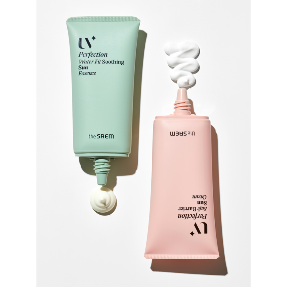 the SAEM UV Perfection Water Fit Soothing Sun Essence SPF50+ PA++++ 50ml*2ea