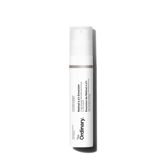A 15ml bottle of The Ordinary Retinal 0.2% Emulsion, a skincare product for improving skin texture and reducing signs of aging.