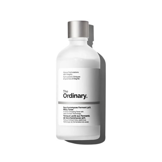 A 100ml bottle of The Ordinary Saccharomyces Ferment 30% Milky Toner, a skincare product for daily use.
