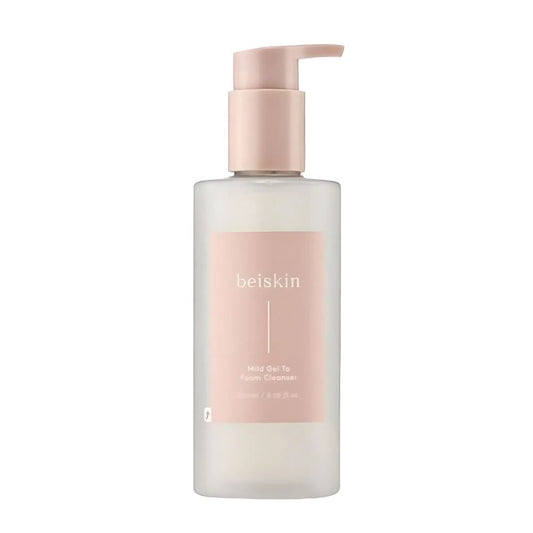 beiskin Mild Gel To Foam Cleanser 200ml, a gentle cleanser that transforms from a soft gel to a rich foam, effectively removing impurities and makeup while maintaining the skin's natural moisture balance.