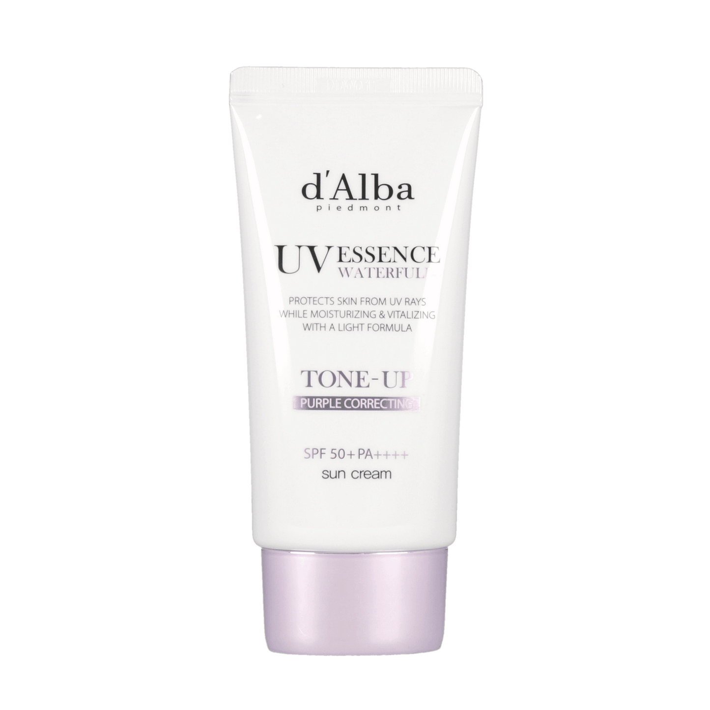 d’Alba Waterfull Tone Up Suncream (Purple) SPF50+ with UV protection in a sleek bottle.