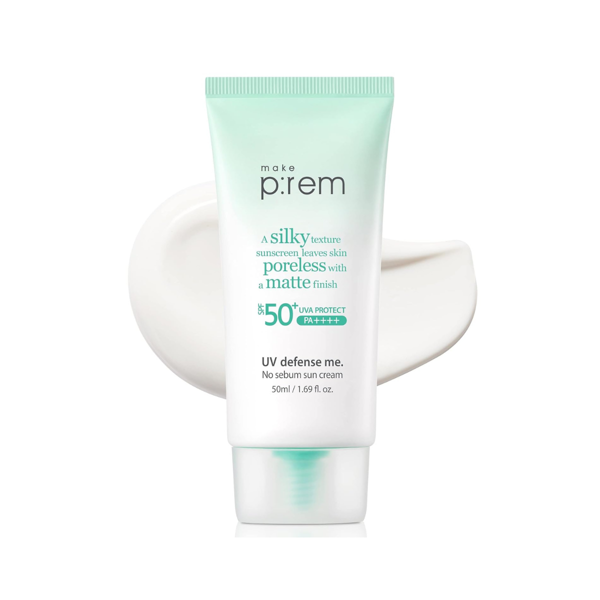 The make p:UV Defense Me. No Sebum Sun Cream SPF50+ PA++++ 50ml is a lightweight sunscreen designed to provide high sun protection while controlling excess oil and minimizing shine.