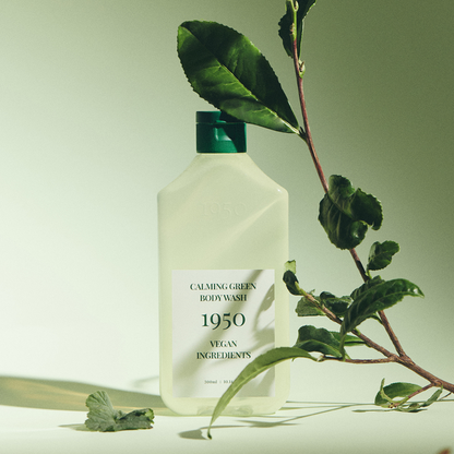 00ml bottle of 1950 Jeju calming green body wash, formulated for a soothing and revitalizing shower experience.