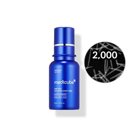 a blue bottle of medicube with a black circle in the background