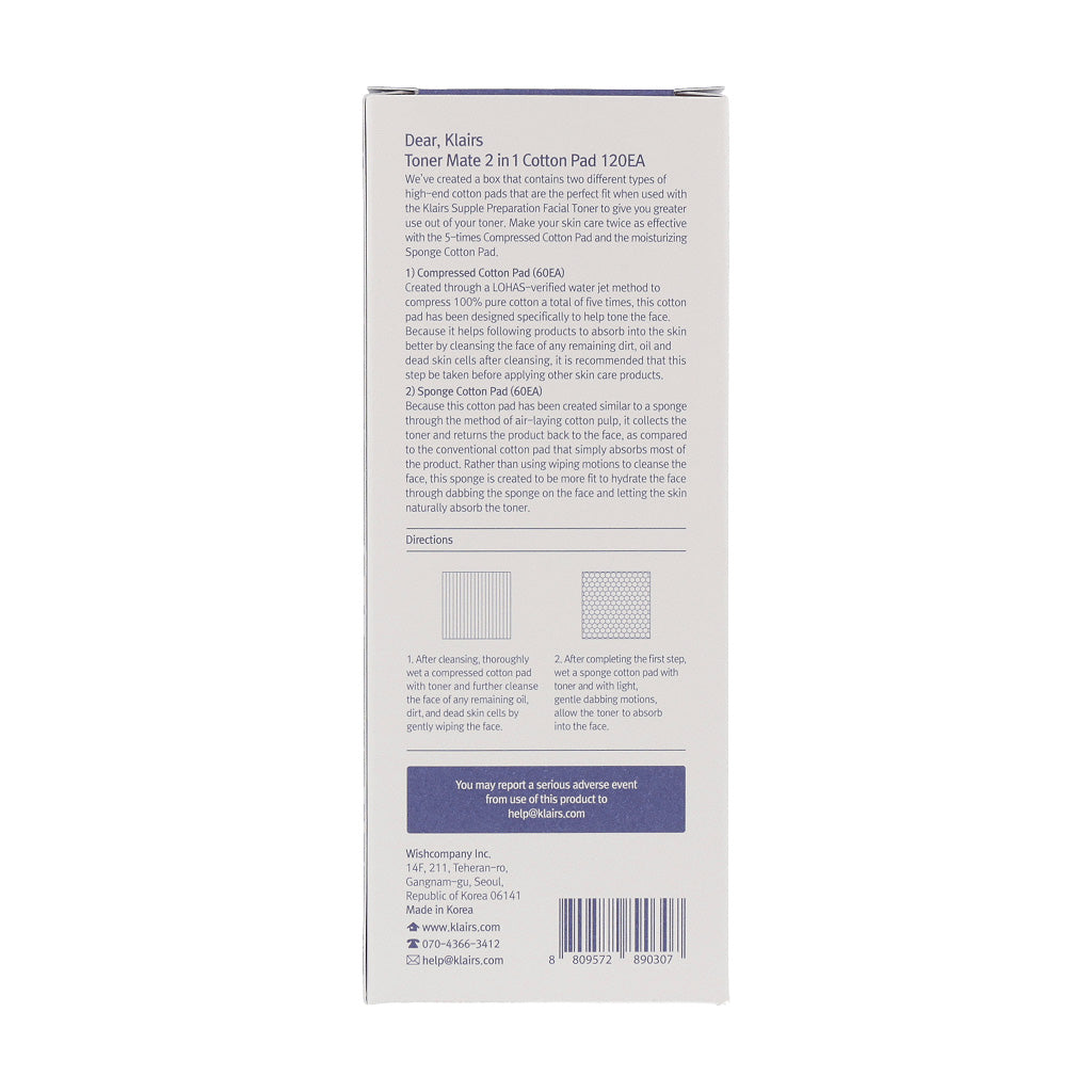 Klairs Toner Mate 2 in 1 Cotton Pad 120ea - KLO