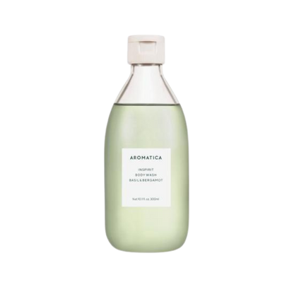AROMATICA Inspirit Body Wash in Basil & Bergamot, 300ml bottle, featuring a refreshing herbal scent for invigorating cleansing.