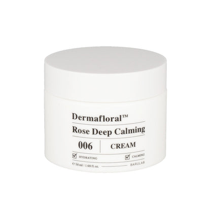 The cream is formulated with rose extract, known for its calming and anti-inflammatory properties, making it ideal for sensitive or irritated skin.