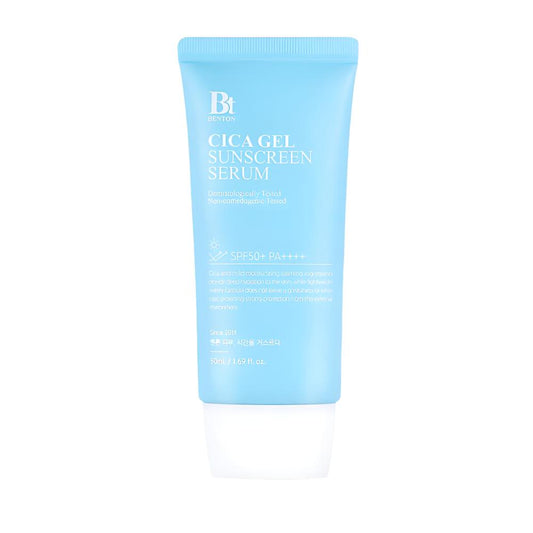 The BENTON Cica Gel Sunscreen Serum SPF50/PA++++ 50ml offers high-level sun protection while soothing and hydrating the skin.