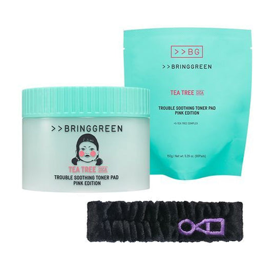 BRING GREEN Tea Tree Cica Trouble Soothing Toner Pad Pink Edition 90 Pads Set (+Refill 90 Pads + Hair Band)