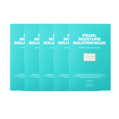 CELGEN Pearl Moisture Solution Mask 25g 5ea- packaging featuring five individual masks for hydrating and nourishing the skin.