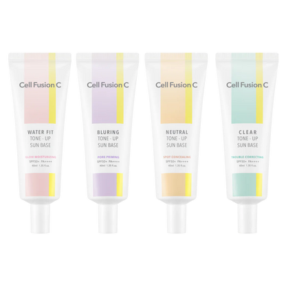 Cell Fusion C Tone-up Sun Base SPF50+ PA++++ in four shades, 40ml, offers sun protection and skin tone enhancement.