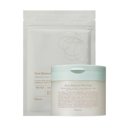DUEM Pure Balance organic cotton peel pads, 50 count with 10 refill pads, designed for gentle skin care and cleansing.