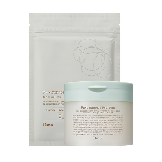 DUEM Pure Balance organic cotton peel pads, 50 count with 10 refill pads, designed for gentle skin care and cleansing.
