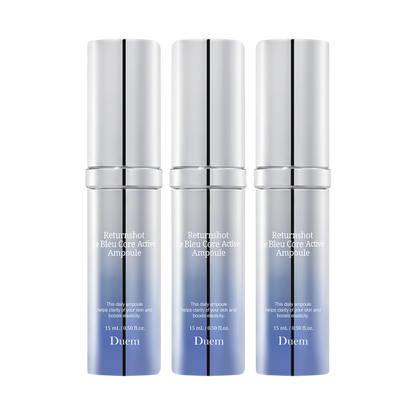 DUEM Returnshot Le Bleu Core Active Ampoule, 15ml, pack of 3, designed for revitalizing and enhancing skin vitality.