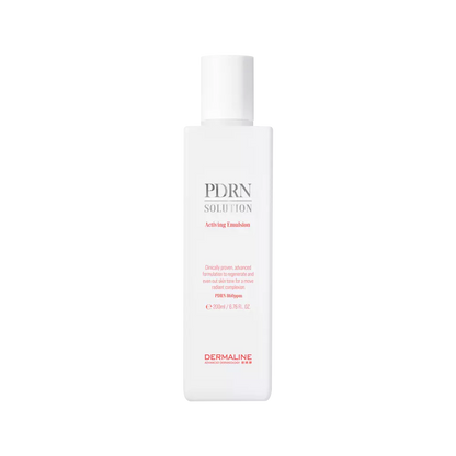 A 200ml bottle of Dermaline PDRN Solution Activating Emulsion, a skincare product designed to rejuvenate and hydrate the skin.