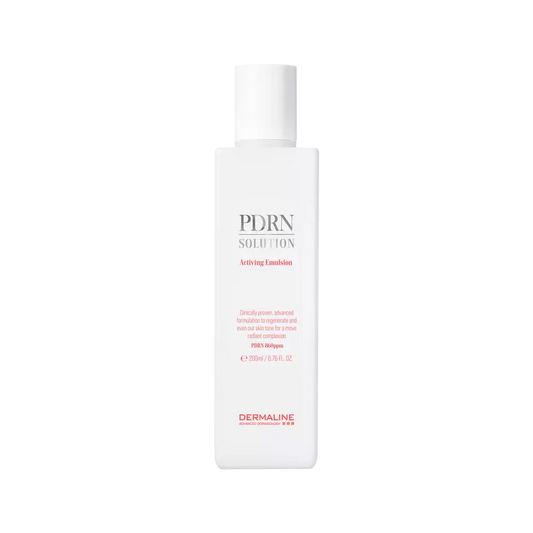 A 200ml bottle of Dermaline PDRN Solution Activating Emulsion, a skincare product designed to rejuvenate and hydrate the skin.