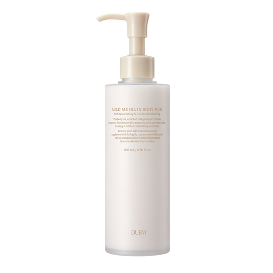 Duem Mild Me Oil in Body Milk 200ml bottle, designed for moisturizing and nourishing the skin with a gentle formula.