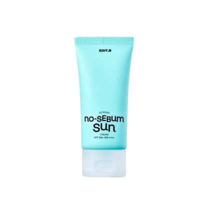 A 50ml tube of EDIT.B Sunday No-Sebum Sun Cream SPF50+ PA++++, designed for effective sun protection and oil control.