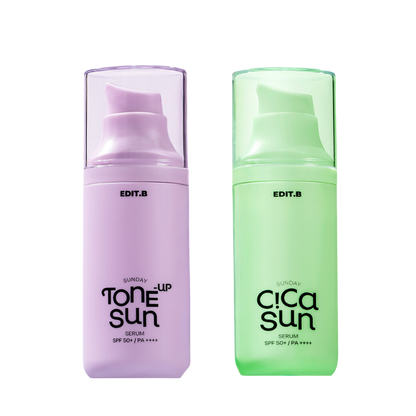 EDIT.B Sunday Sun Serum SPF50+ PA++++ 55ml bottle with yellow and orange packaging, suitable for daily sun protection.