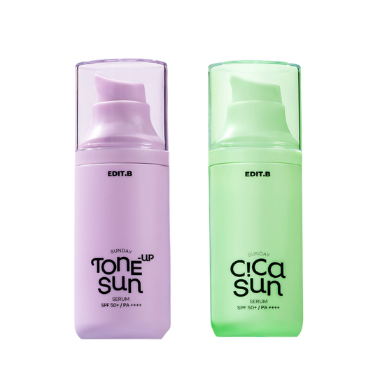 EDIT.B Sunday Sun Serum SPF50+ PA++++ 55ml bottle with yellow and orange packaging, suitable for daily sun protection.