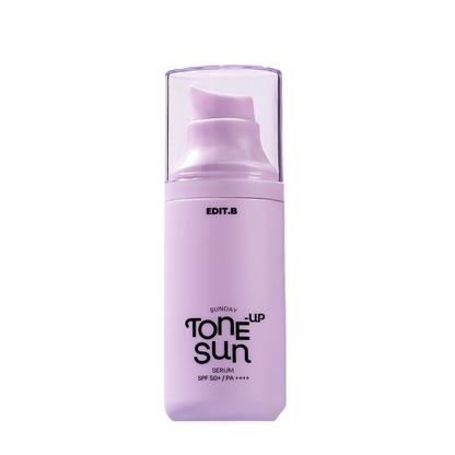 Yellow and orange 55ml bottle of EDIT.B Sunday Sun Serum SPF50+ PA++++, a daily sun protection serum with high SPF and PA ratings.