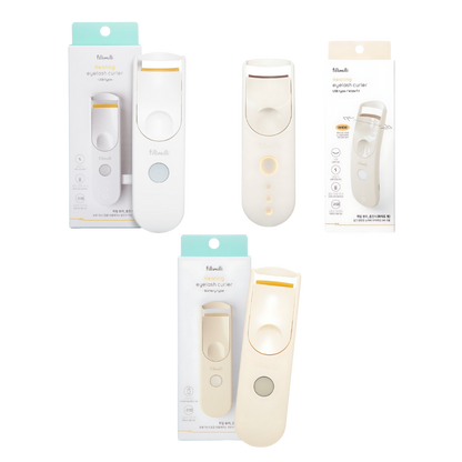 Heating eyelash curler with Filimili branding, designed to curl lashes with heat for long-lasting results.