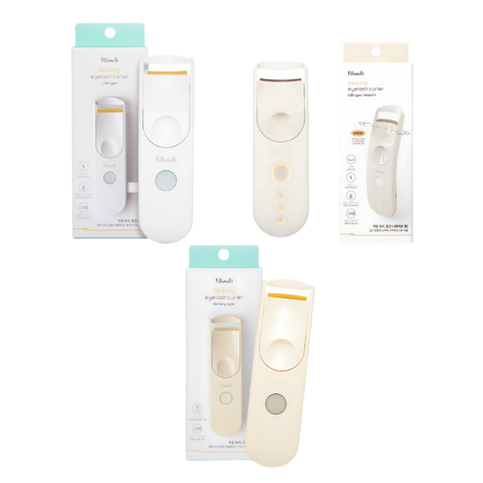 Heating eyelash curler with Filimili branding, designed to curl lashes with heat for long-lasting results.