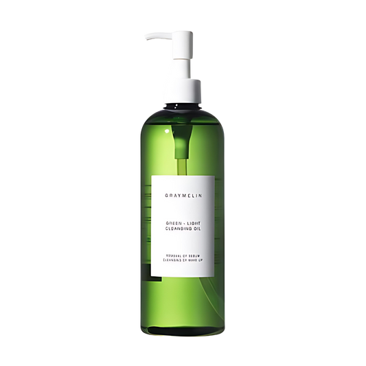 A 400ml bottle of GRAYMELIN Green Light Cleansing Oil, featuring a green label and cap.