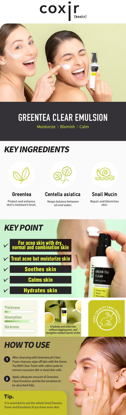 (NEWK) COXIR Green Tea Clear Emulsion 100ml - KLO