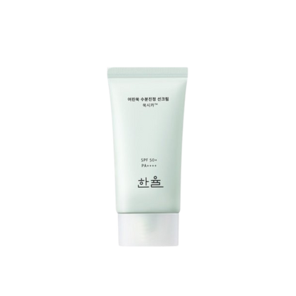 HANYUL Pure Artemisia Watery Calming Sun Cream 50ml, a soothing sunscreen for sensitive skin, providing hydration and protection.