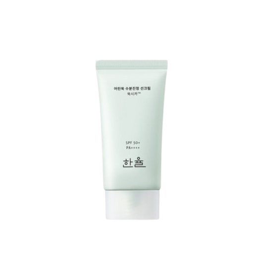 HANYUL Pure Artemisia Watery Calming Sun Cream 50ml, a soothing sunscreen for sensitive skin, providing hydration and protection.