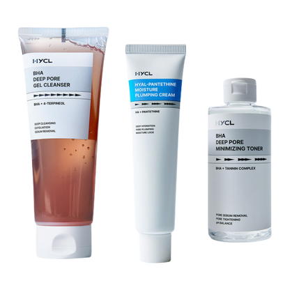 HYCL 3-Piece Set BHA Gel Cleanser 150ml + BHA Toner 200ml + Plumping Cream 70ml
