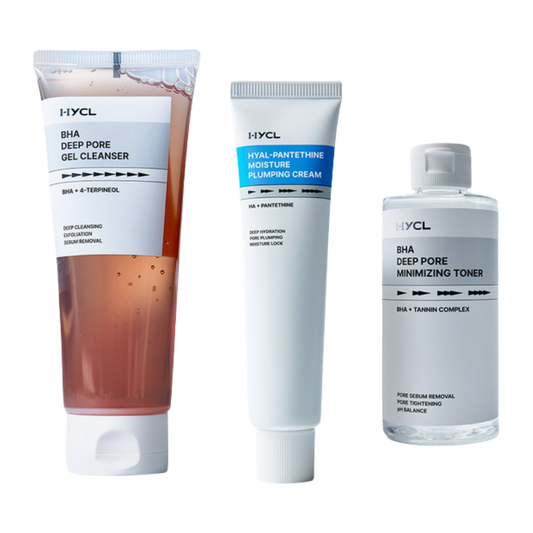 HYCL 3-Piece Set BHA Gel Cleanser 150ml + BHA Toner 200ml + Plumping Cream 70ml